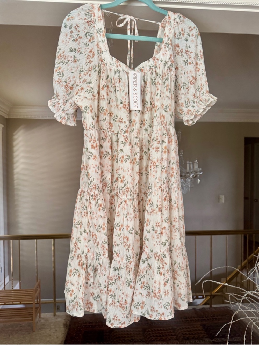 PIPER & SCOOT Floral Puff Sleeve Midi Dress in Cream and Peach